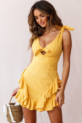 Nixie Tied Shoulder Ruffle Trim Dress Flower Embellished Mustard