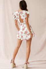 Love Letter Ruffle Sleeve Waist Tie Dress Floral Print White