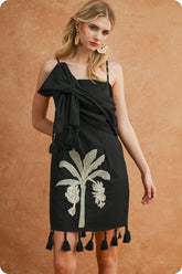Paloma Tropical Palm Embroidered Tassel Mini Dress