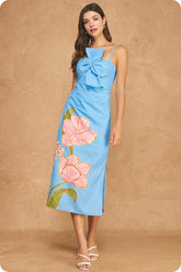 Danielle Watercolor Bloom Bow Midi Dress