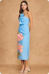 Danielle Watercolor Bloom Bow Midi Dress