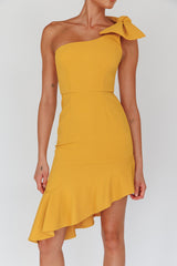 Tiffany One-Shoulder Bow Dress Mustard