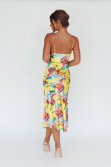 Well Versed Pleated Bust Front Split Dress Leaf Print Yellow