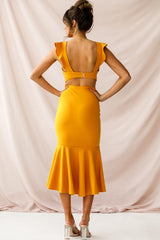 Jackie Wide Ruffle Hem Pinafore Midi Dress Mustard