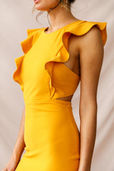 Jackie Wide Ruffle Hem Pinafore Midi Dress Mustard