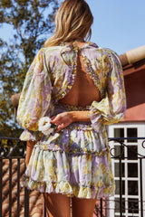 Laney Cutout Back Ruffle Trim Dress Watercolor Floral Print Yellow