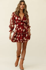 Laney Cutout Back Ruffle Trim Dress Floral Print Red