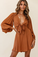 Madison Bow Tie Bust Balloon Sleeve Dress Tan