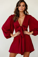 Madison Bow Tie Bust Balloon Sleeve Dress Wine