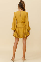 Rosabel Balloon Sleeve Fluted Hem Dress Mustard