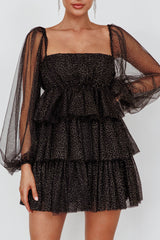 Spring Morning Long Sleeve Tiered Mini Dress Black/Gold