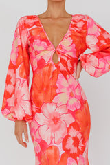 Yessica Balloon Sleeve Midi Dress Floral Pink
