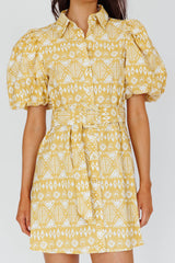 Nanette Puff Sleeve Belted Mini Dress Print Yellow
