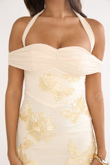 Fleurie Halter Off-Shoulder Maxi Dress Embellished Yellow