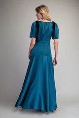 Juliette Velvet Bow Tie Short Sleeve V-Neck Maxi Dress