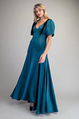 Juliette Velvet Bow Tie Short Sleeve V-Neck Maxi Dress