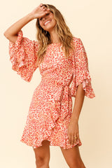 Make It Happen Flared Sleeve Ruffle Trim Dress Leopard Print Orange