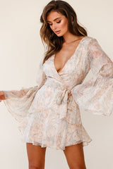 Dayton Bell Sleeve Waist Tie Dress Leaf Print Nude