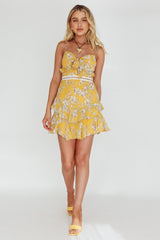 Flower Child Bust Tie Crochet Trim Dress Orchid Print Yellow