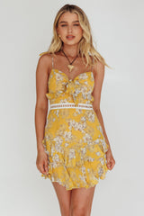 Flower Child Bust Tie Crochet Trim Dress Orchid Print Yellow
