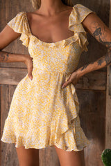 Thinkin' Bout You Ruffle Trim Waist-Tie Dress Floral Print Yellow