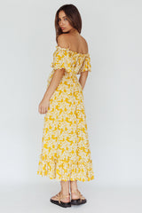 Voyager Off-Shoulder Bell Sleeve Midi Dress Floral Yellow
