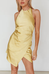 Sonoma Halterneck Faux Wrap Twist Back Mini Dress Lemon