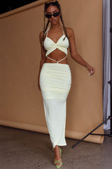 Sawyer Halterneck Strappy Back Ruched Midi Dress Lemon