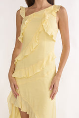 Arrabel Asymmetric Hem Ruffle Maxi Dress Lemon