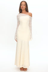Lylah Asymmetric Neckline Long Sleeve Maxi Dress Lace Butter