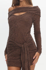 Good Girl Off-Shoulder Long Sleeve Mini Dress Chocolate