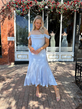 Raylin Blue Satin Off The Shoulder Midi Dress