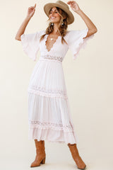 Indio Crochet Insert Deep V-Neckline Angel Sleeve Maxi Dress Pink