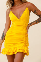 Earth Angel Drawstring Feature Ruched Party Dress Yellow