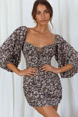 Sunny Day Balloon Sleeve Ruched Mini Dress Floral Print Grey
