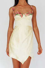 Rose Garden Floral Applique Wrap Mini Dress Lemon