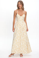 Enchanted Leaf Floral Print A-Line Maxi Dress Yellow