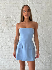Telly Blue Strapless Tailored Mini Dress