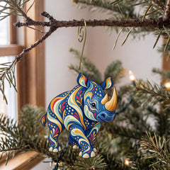 Laser-cut maple wood Black Rhinoceros folk art ornament O373 hanging on a fir branch, made in USA