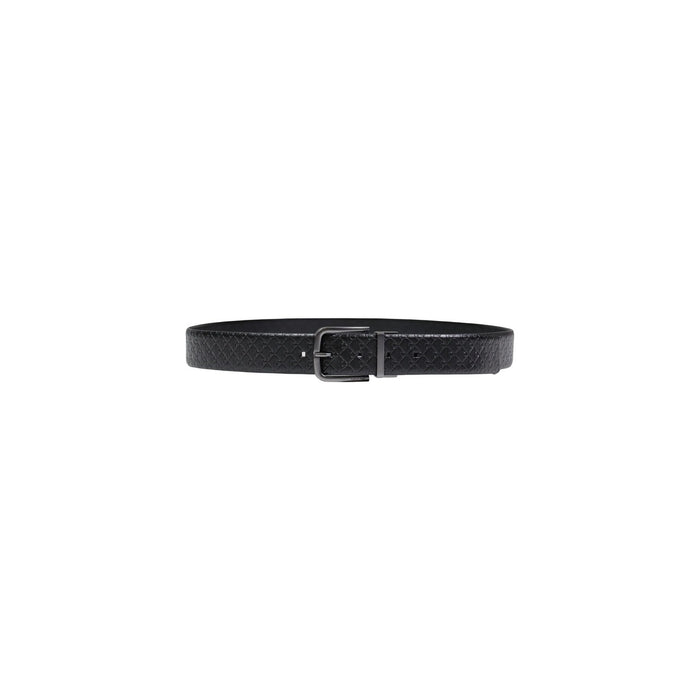 Image 1 : Ceinture Calvin Klein homme en cuir noir embossé motif géométrique avec boucle métal anthracite, vue de face enroulée — Delvale