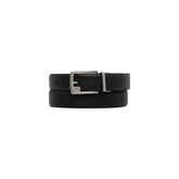 Image 1 : Ceinture homme Calvin Klein en cuir grainé noir avec boucle à ardillon argentée siglée CK, vue de face enroulée — Delvale