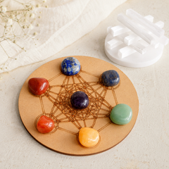 Chakra Tumbled Crystals Set, 7 Chakra Stones Set, Wooden Grid Plate, Selenite Log