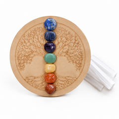 Chakra Tumbled Crystals Set, 7 Chakra Stones Set, Wooden Grid Plate, Selenite Log