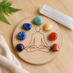 Chakra Tumbled Crystals Set, 7 Chakra Stones Set, Wooden Grid Plate, Selenite Log
