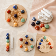 Chakra Tumbled Crystals Set, 7 Chakra Stones Set, Wooden Grid Plate, Selenite Log