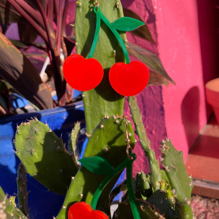 Cherry Red & Green Acrylic Earrings