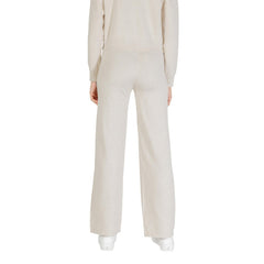 Image 2 : Vue de face du pantalon Choral femme beige, jambe large et ceinture côtelée élastiquée — Delvale