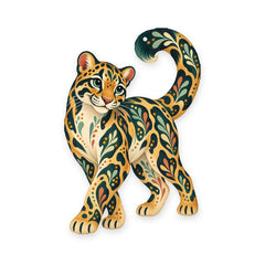 Clouded Leopard folk art ornament O347 on white, laser-cut maple wood, made in USA
