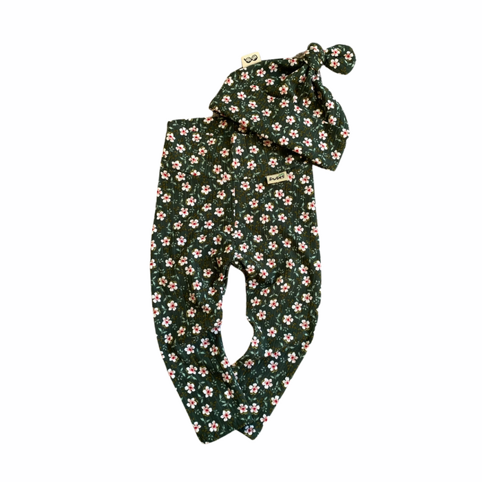 Dainty Floral Green Rib Leggings and/or Beanie Knot Hat