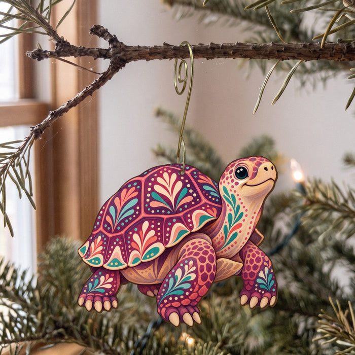 Laser-cut maple wood Desert Tortoise folk art ornament O332 hanging on a fir branch, made in USA